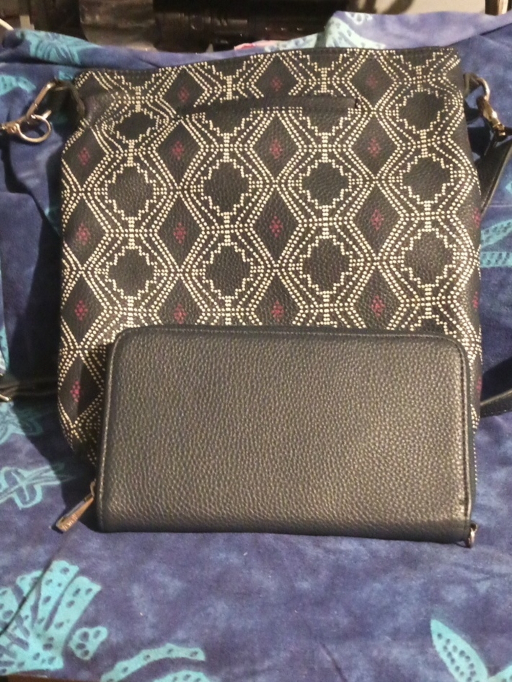 Black Patterned Crossbody Bag with Black Wallet - Unbranded